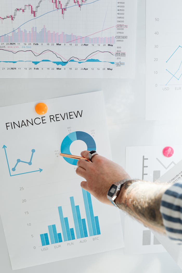 about-01 Hand pointing at a financial chart on a wall, illustrating data analysis and review.